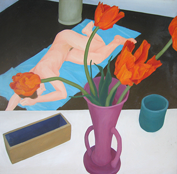 Reclining Nude with Large Tulips, Oil on panel, 20" X 20"